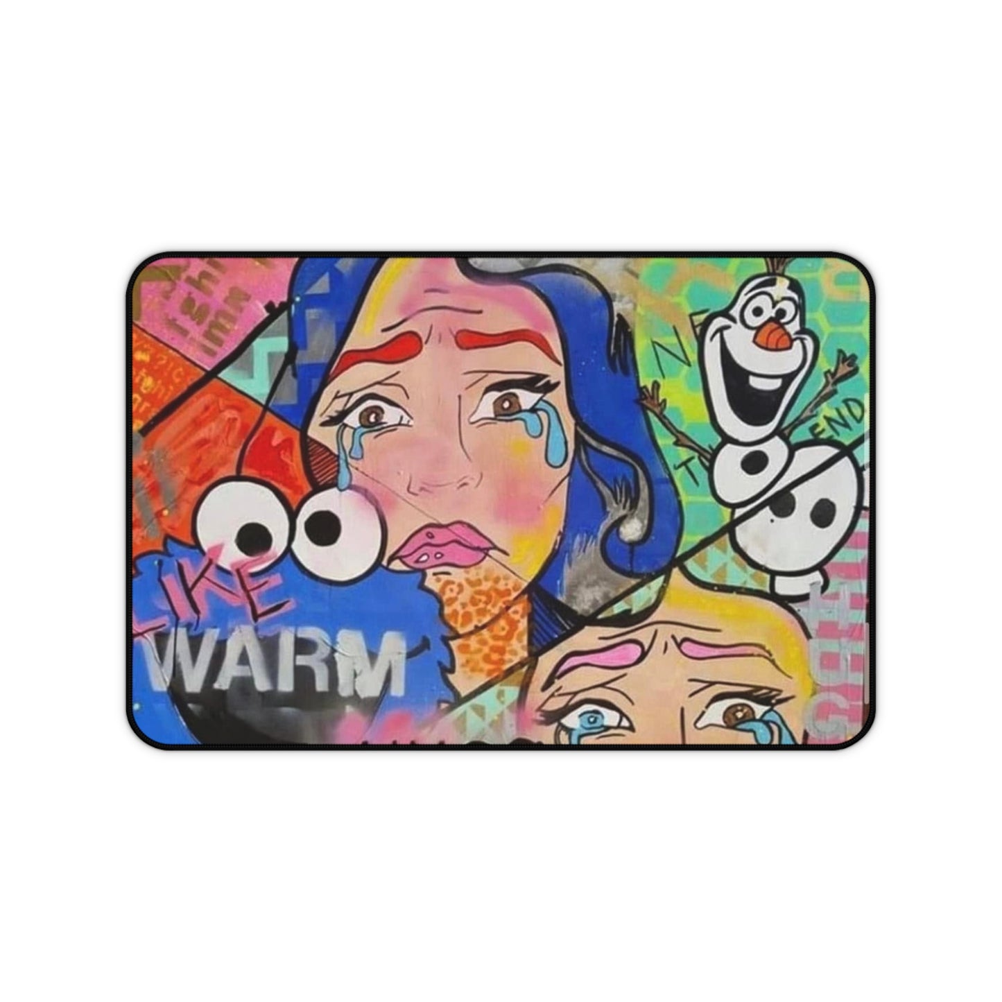 Pop Art Graffiti Desk Mat — Colorful Emotional Collage with Olaf & 'Be Warm' Text