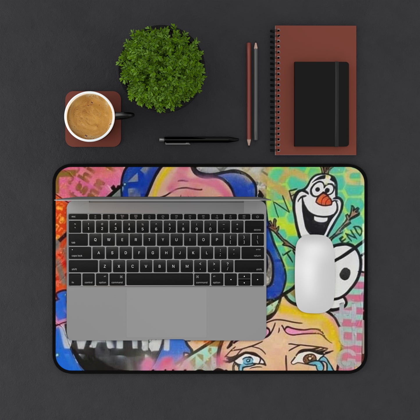 Pop Art Graffiti Desk Mat — Colorful Emotional Collage with Olaf & 'Be Warm' Text