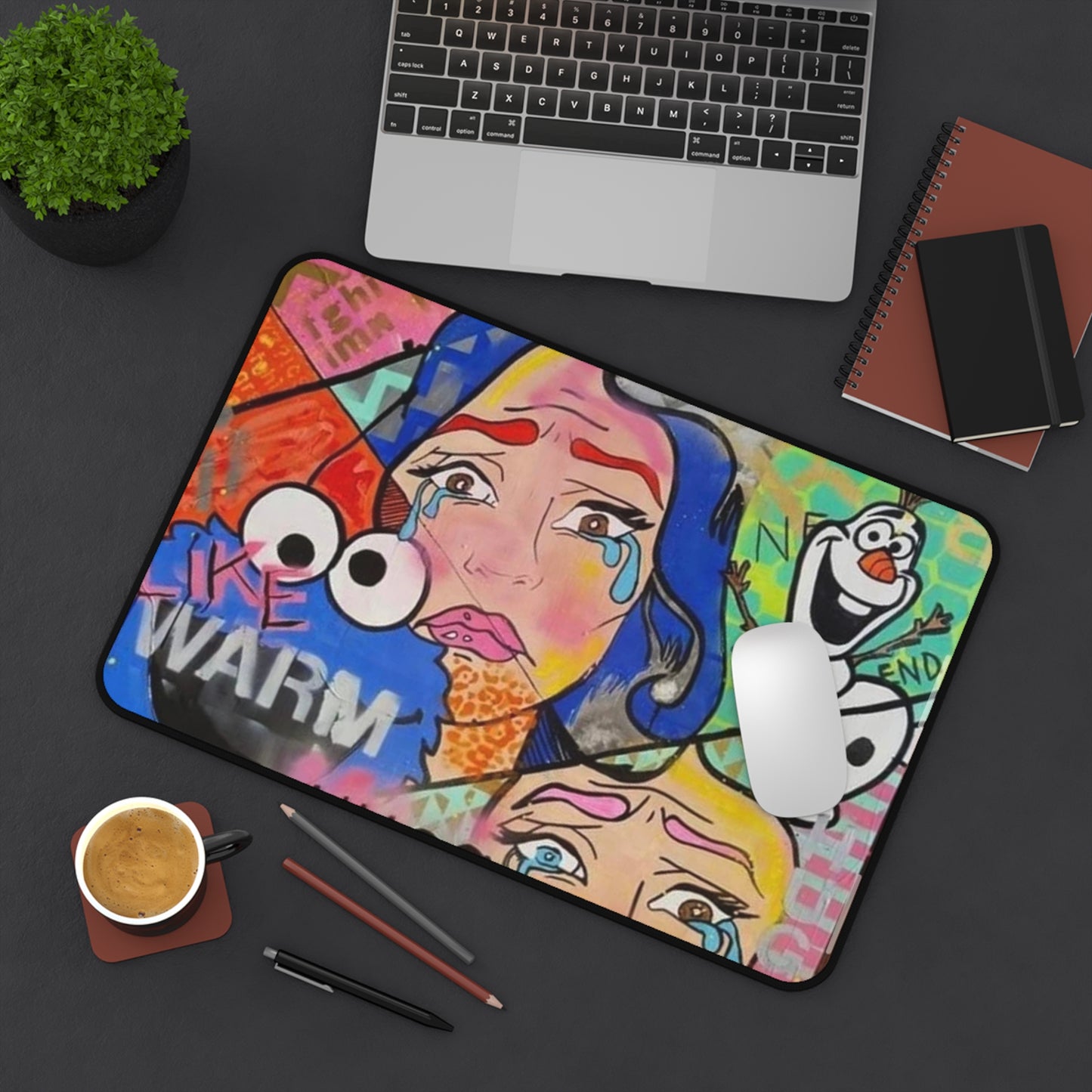 Pop Art Graffiti Desk Mat — Colorful Emotional Collage with Olaf & 'Be Warm' Text